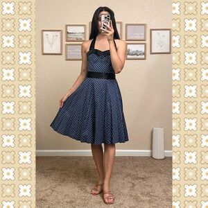 Vintage-Inspired Navy Polka Dot Halter Dress